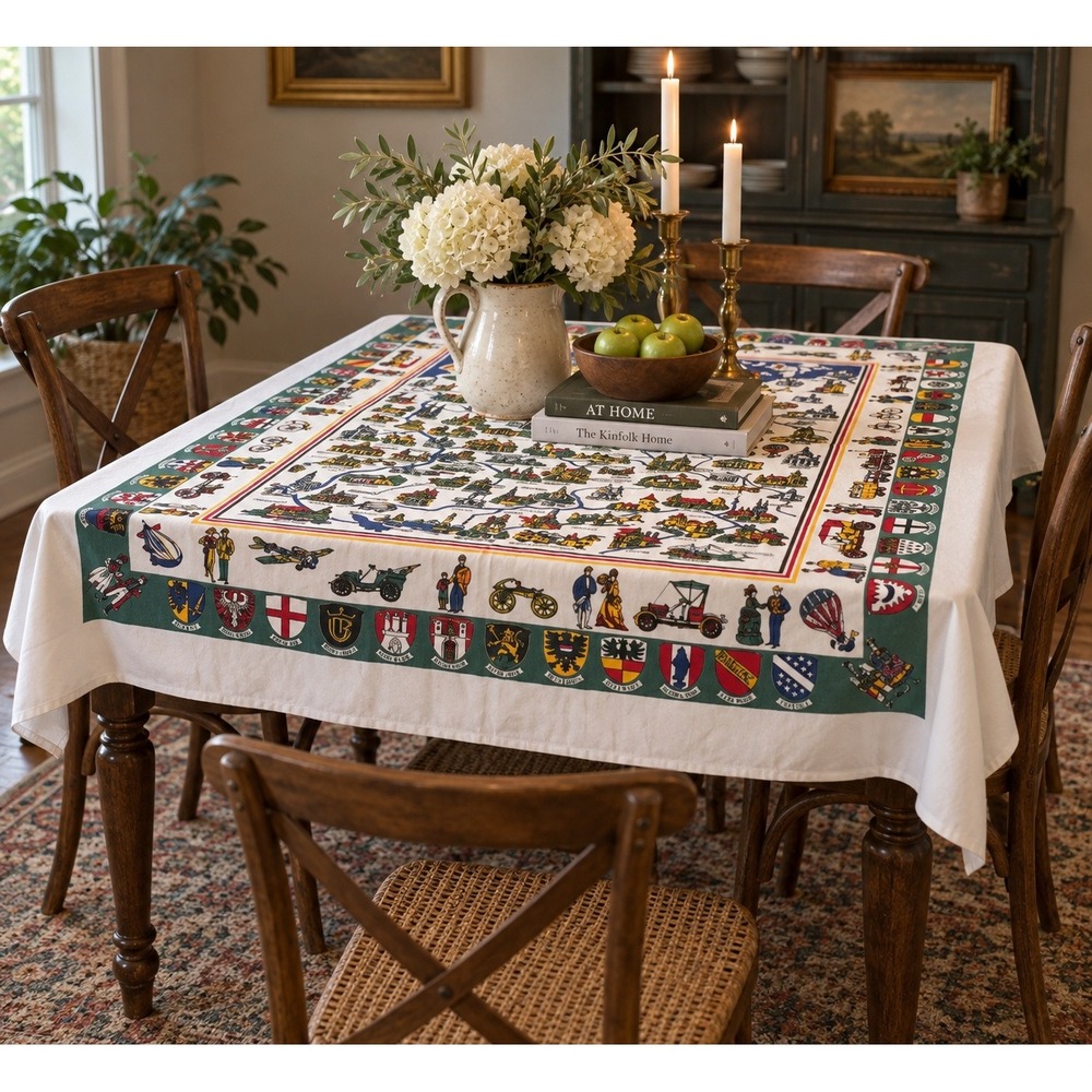 Vintage Germany Souvenir Tablecloth Multicolor Map Heraldry Coats of Arms 48x55